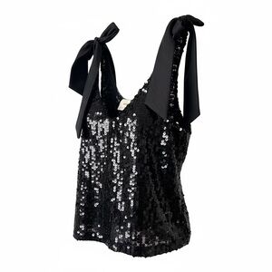 Maeve Anthropologie Black Sequin Bow Tie Top